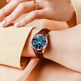 Brown Strap - Blue Dial Rose Trim