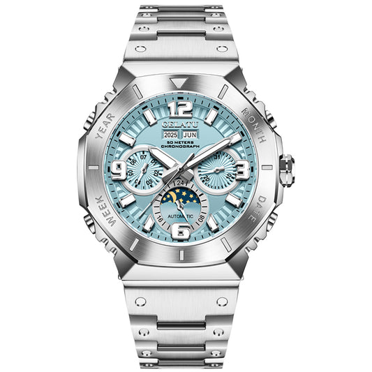 Men's Automatic Mechanical Watch Case Multi-Function Chronograph Moon Phase Year/Month/Date Display Stainless Steel Band Luxury Wrist Watch