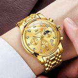 OLEVS 2858 Men's Watch, Business Chronograph Formal Stainless Steel Watch, Pointer Quartz Waterproof Luminous Men's Watch, Black and Blue Tone Stylish Holiday Gift