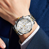 OLEVS 3673 Watches For Men Business Dress Luxury Casual Chronograph Multifunction Analog Quartz Stainless Steel Waterproof Luminous Moon Phase Date Men Wrist Watches Reloj Para Hombre