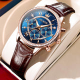 Brown Strap-Blue Dial Rose gold Trim