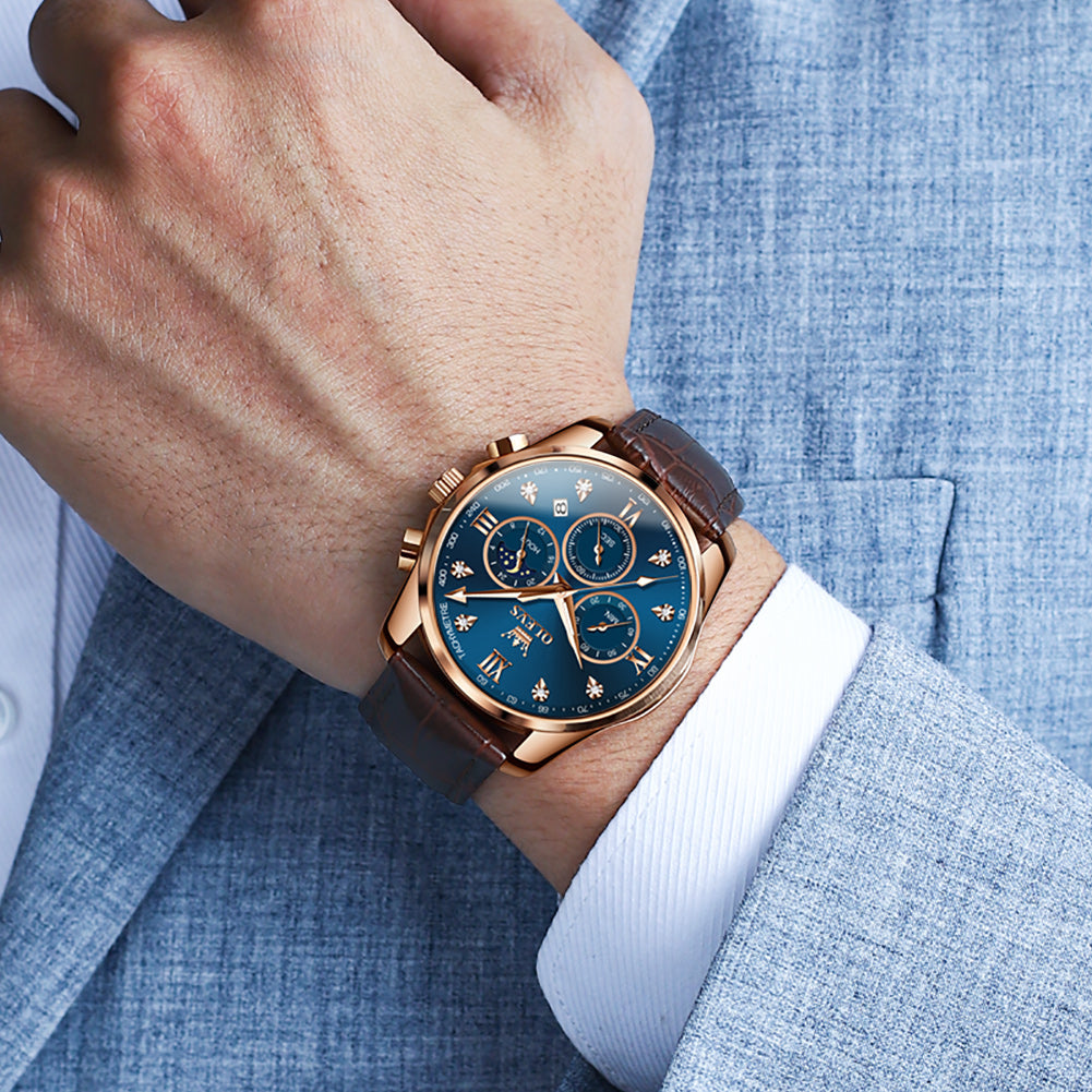 Brown Strap - Blue Dial Rose Trim