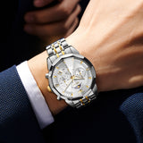 OLEVS 3673 Watches For Men Business Dress Luxury Casual Chronograph Multifunction Analog Quartz Stainless Steel Waterproof Luminous Moon Phase Date Men Wrist Watches Reloj Para Hombre