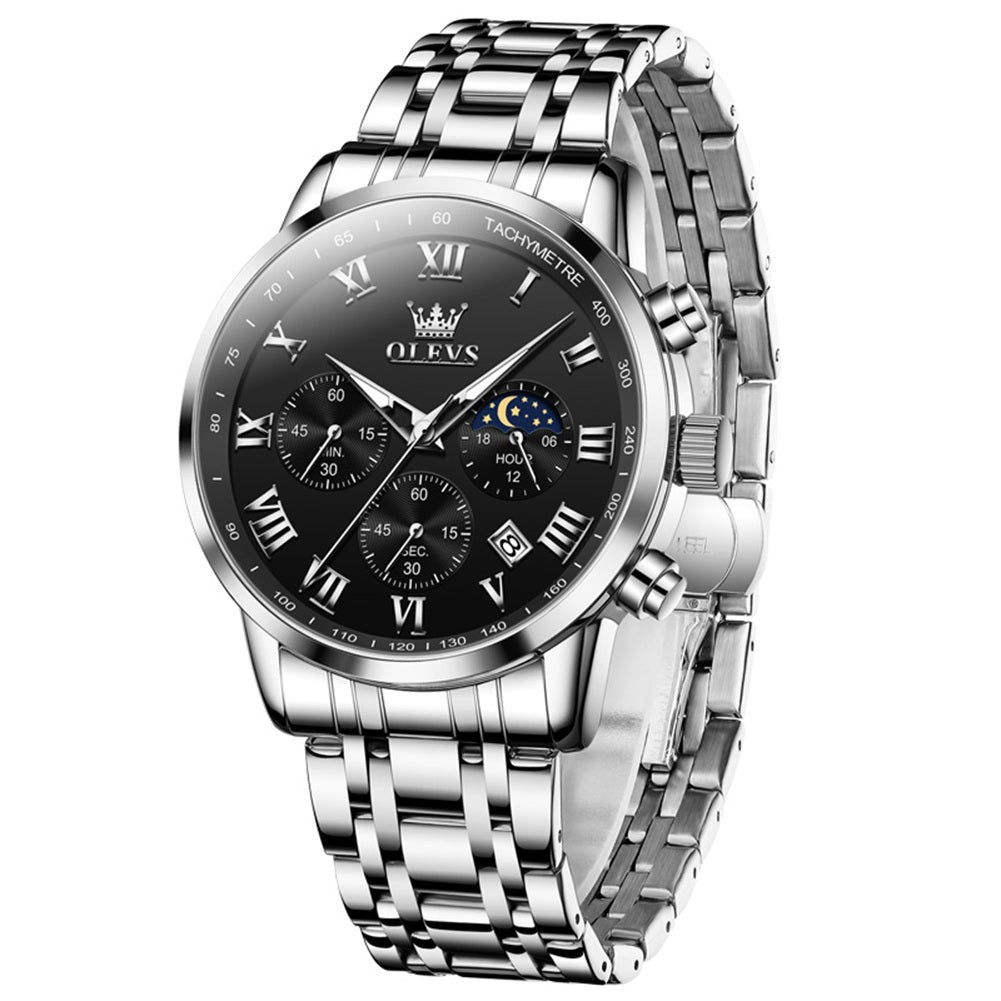 OLEVS Men Watch 5529 Stainless Steel Chronograph Roman Numerals Moon Phases Analog Quartz Dress Watch for Men