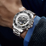 OLEVS 6715 Automatic Watches for Men Skeleton Self Winding Mechanical Fashion Dress Chronograph Moon Phase Stainless Steel Waterproof Luminous Mens Wrist Watches Gift Reloj Para Hombre