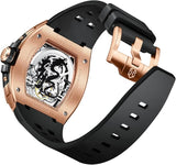OLEVS 6021  Rose Gold Black Watches for Men Automatic Tonneau Watch Skeleton Mechanical 50M Waterproof Sapphire Crystal Square Male Watches