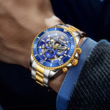 OLEVS 6715 Automatic Watches for Men Skeleton Self Winding Mechanical Fashion Dress Chronograph Moon Phase Stainless Steel Waterproof Luminous Mens Wrist Watches Gift Reloj Para Hombre