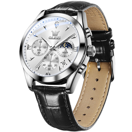OLEVS Watches for Men 3609 Business Dress Analog Quartz Chronograph Casual PU Leather Waterproof Moon Phase Luminous Date Luxury Mens Wrist Watches Reloj Para Hombre