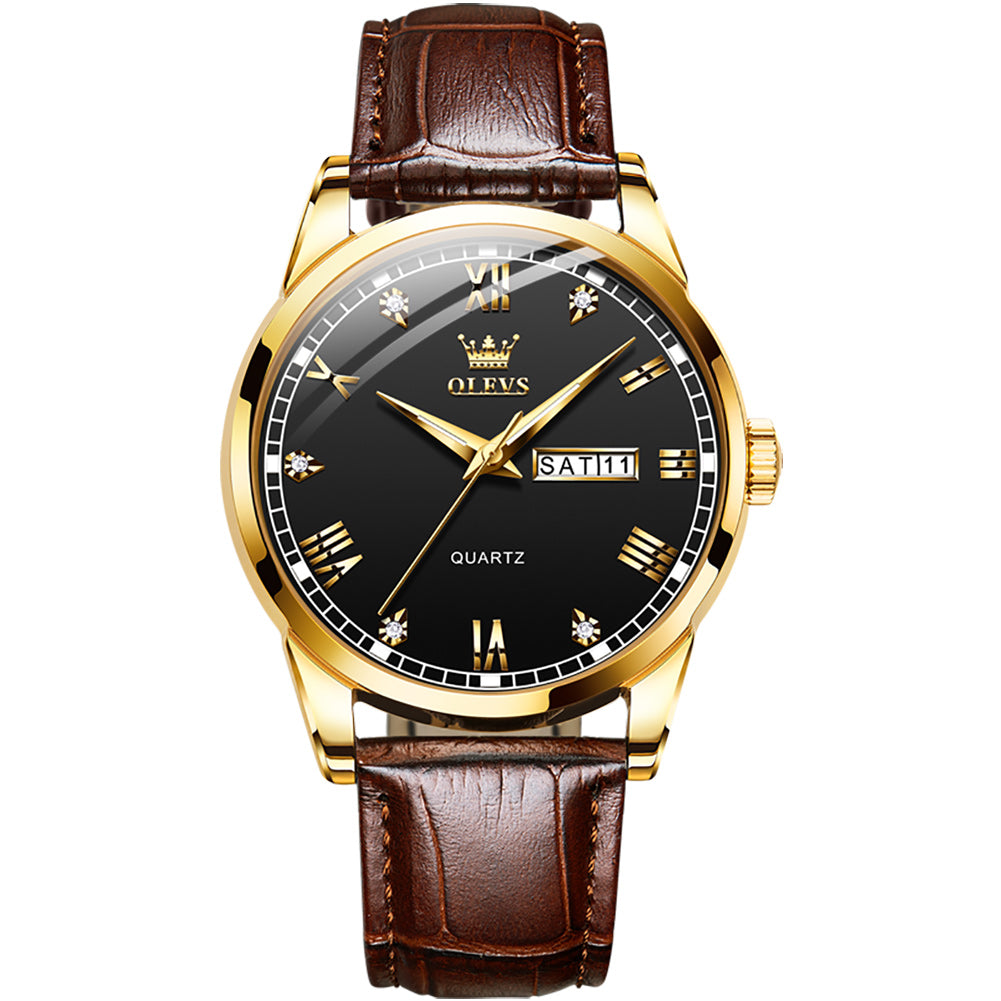 Brown Strap-Black Dial Gold Trim