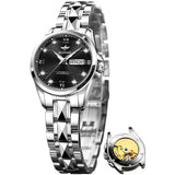OLEVS 3262 Automatic Womens Watch Blue Two Tone Date Watches Mechanical Calendar Watches Diamond Fashion Waterproof Female Wrist Watch