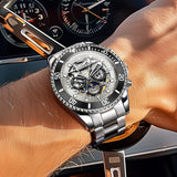 OLEVS 6715 Automatic Watches for Men Skeleton Self Winding Mechanical Fashion Dress Chronograph Moon Phase Stainless Steel Waterproof Luminous Mens Wrist Watches Gift Reloj Para Hombre