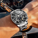 OLEVS 6715 Automatic Watches for Men Skeleton Self Winding Mechanical Fashion Dress Chronograph Moon Phase Stainless Steel Waterproof Luminous Mens Wrist Watches Gift Reloj Para Hombre