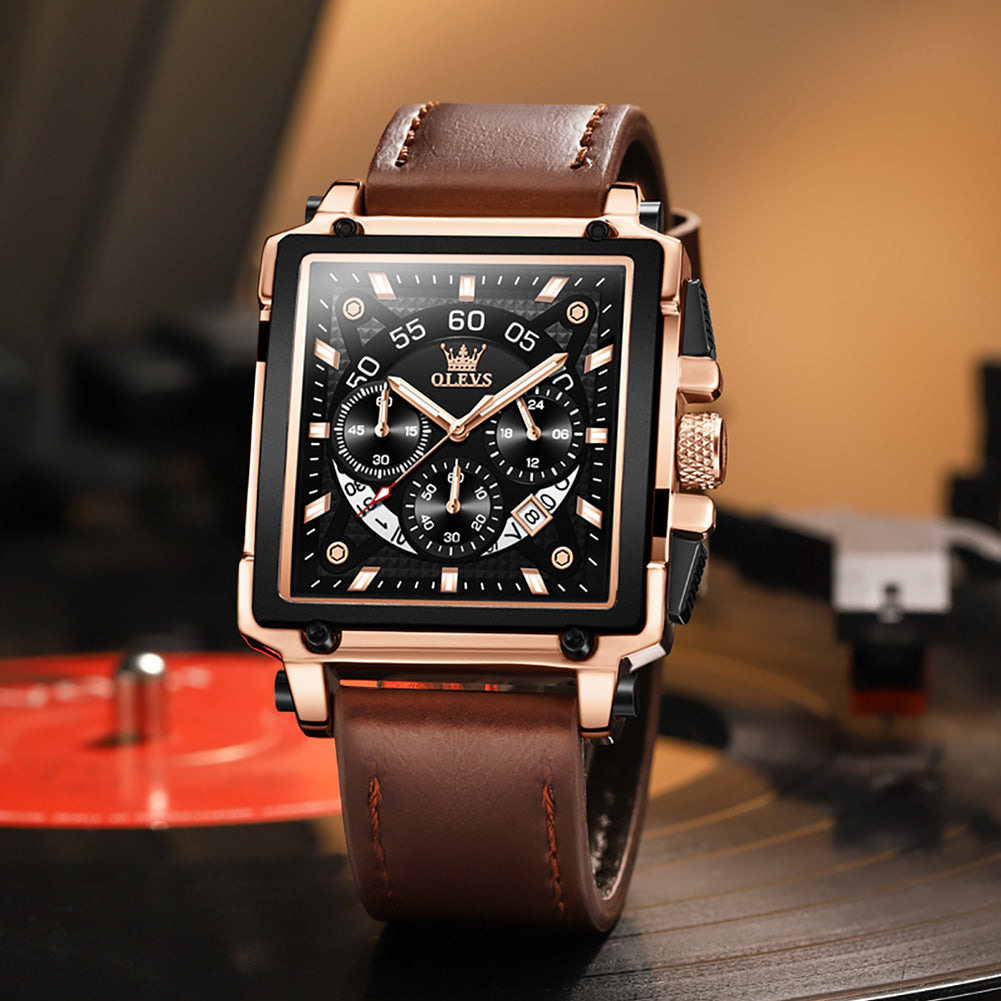 OLEVS Square Watches For Men Brown Leather Chronograph, 50% OFF