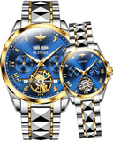 OLEVS 3186+3202 Couple Pair Watches Set Automatic Mechanical Self Winding Dress Matching Watch for His and Hers Valentines Day Gifts