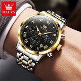 OLEVS Men Watch 5529 Stainless Steel Chronograph Roman Numerals Moon Phases Analog Quartz Dress Watch for Men