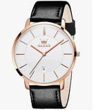 OLEVS Men Leather Watches Black Ultra Thin 6.5mm Minimalist Dress Fashion Simple Casual Waterproof Date Watch for Men
