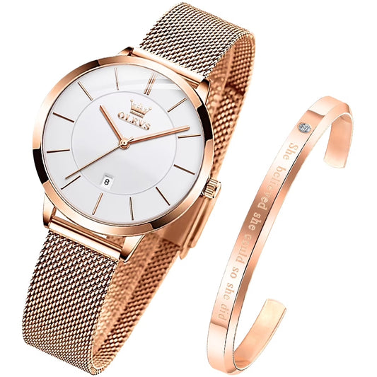 OLEVS 5869+DW Rose Gold Watches for Women Fashion Dress Elegant Luxury Womens Watches Japanese Analog Quartz Diamond Waterproof Luminous Ladies Watches Bracelet Gifts Set Reloj para Mujer