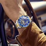 OLEVS 6715 Automatic Watches for Men Skeleton Self Winding Mechanical Fashion Dress Chronograph Moon Phase Stainless Steel Waterproof Luminous Mens Wrist Watches Gift Reloj Para Hombre