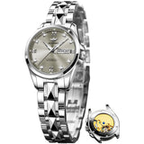 OLEVS 3262 Automatic Womens Watch Blue Two Tone Date Watches Mechanical Calendar Watches Diamond Fashion Waterproof Female Wrist Watch