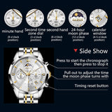 OLEVS 3673 Watches For Men Business Dress Luxury Casual Chronograph Multifunction Analog Quartz Stainless Steel Waterproof Luminous Moon Phase Date Men Wrist Watches Reloj Para Hombre