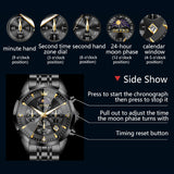 OLEVS 3673 Watches For Men Business Dress Luxury Casual Chronograph Multifunction Analog Quartz Stainless Steel Waterproof Luminous Moon Phase Date Men Wrist Watches Reloj Para Hombre