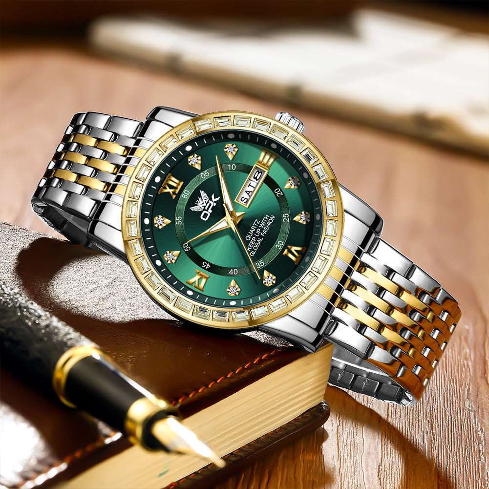 Two Tone Strap-Green Dial Gold Trim