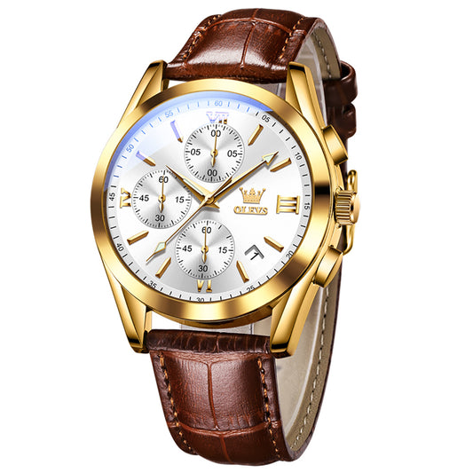 K05084 革ベルトBROWN/WHITE OLEVS メンズ 腕時計 薄型 男性用 R4年5月電池交換済