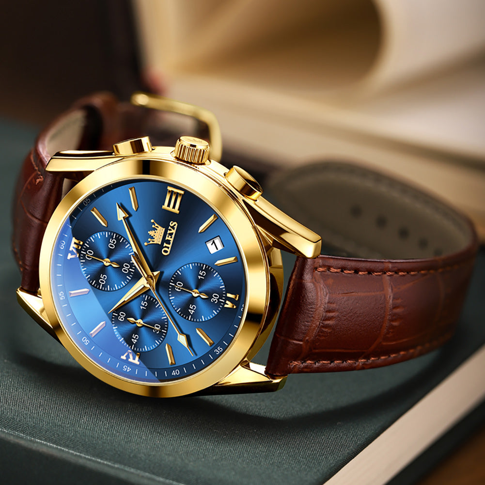 Brown Strap-Blue Dial Gold Trim