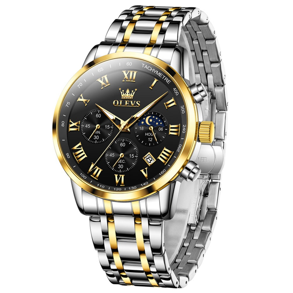 OLEVS Men Watch 5529 Stainless Steel Chronograph Roman Numerals Moon Phases Analog Quartz Dress Watch for Men