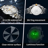 OLEVS 3673 Watches For Men Business Dress Luxury Casual Chronograph Multifunction Analog Quartz Stainless Steel Waterproof Luminous Moon Phase Date Men Wrist Watches Reloj Para Hombre
