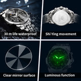 OLEVS 3673 Watches For Men Business Dress Luxury Casual Chronograph Multifunction Analog Quartz Stainless Steel Waterproof Luminous Moon Phase Date Men Wrist Watches Reloj Para Hombre