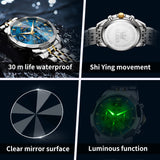 OLEVS 3673 Watches For Men Business Dress Luxury Casual Chronograph Multifunction Analog Quartz Stainless Steel Waterproof Luminous Moon Phase Date Men Wrist Watches Reloj Para Hombre