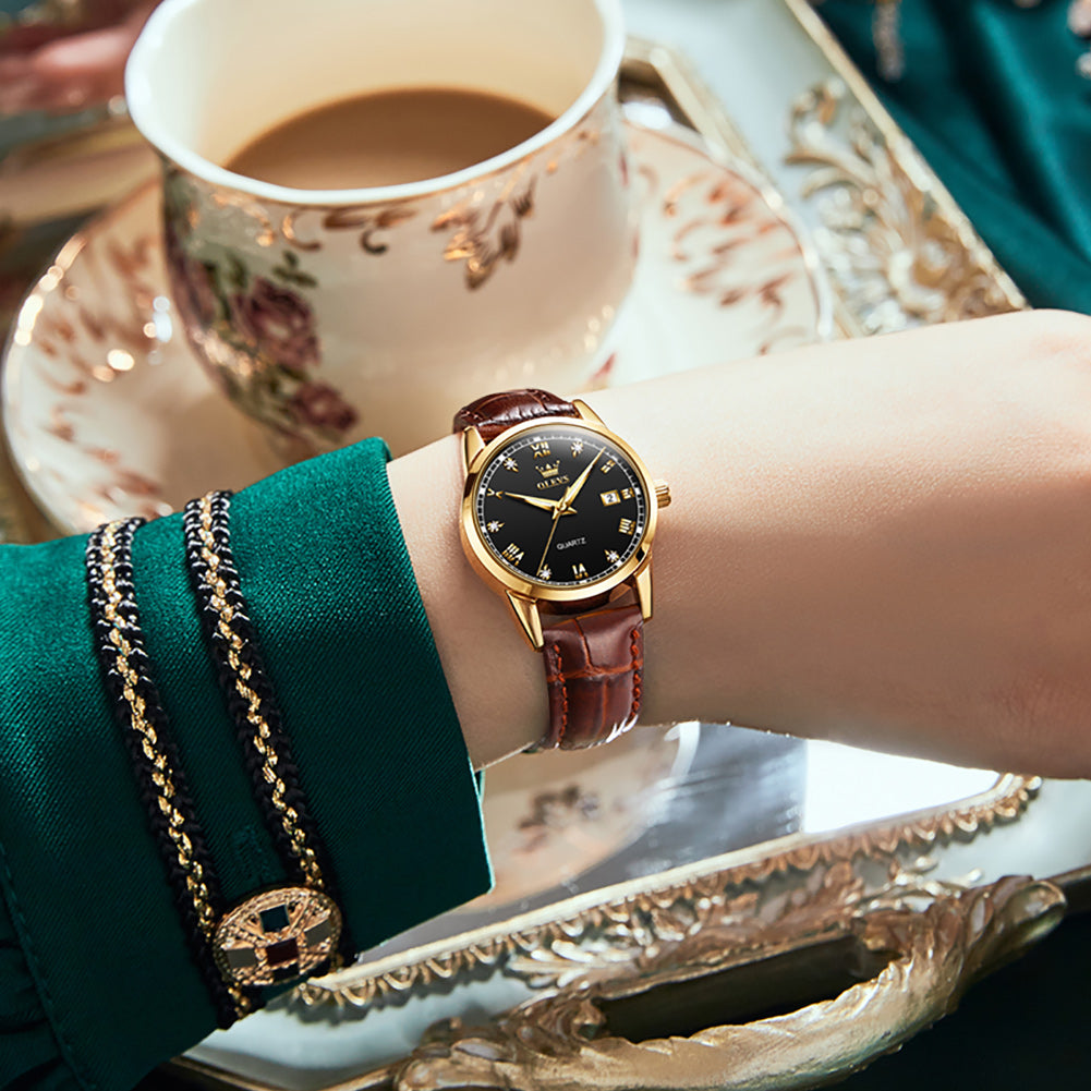 Brown Strap-Black Dial Gold Trim