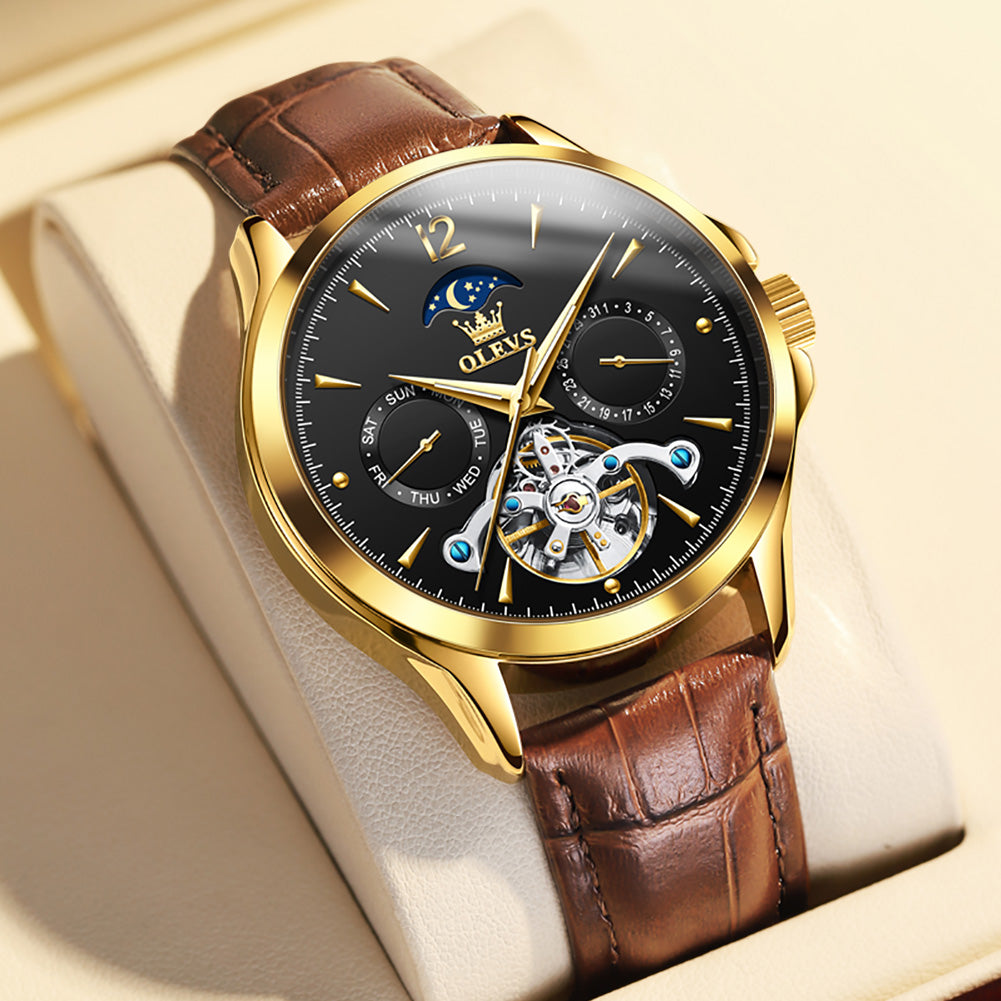 Brown Strap-Black Dial Gold Trim