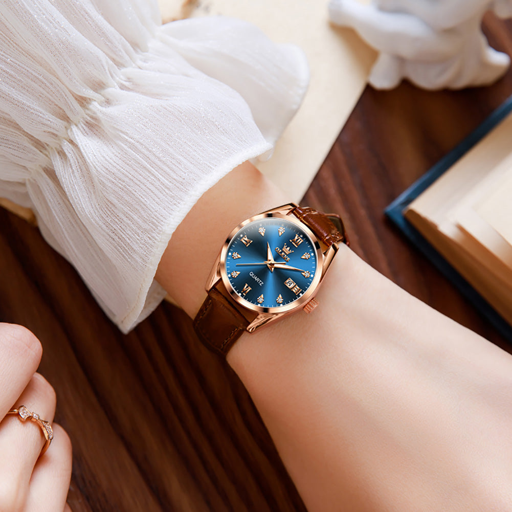 Brown Strap-Blue Dial Rose gold Trim