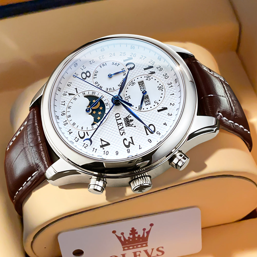 Brown Strap-White Dial Silver Trim