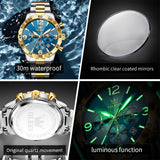 OLEVS 3678 Watches for Men Luxury Dress Chronograph Analog Quartz Gold Plated Stainless Steel Moon Phase Waterproof Luminous Date Fashion Mens Wrist Watches Reloj Para Hombre