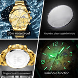 OLEVS 3678 Watches for Men Luxury Dress Chronograph Analog Quartz Gold Plated Stainless Steel Moon Phase Waterproof Luminous Date Fashion Mens Wrist Watches Reloj Para Hombre