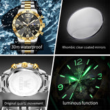 OLEVS 3678 Watches for Men Luxury Dress Chronograph Analog Quartz Gold Plated Stainless Steel Moon Phase Waterproof Luminous Date Fashion Mens Wrist Watches Reloj Para Hombre
