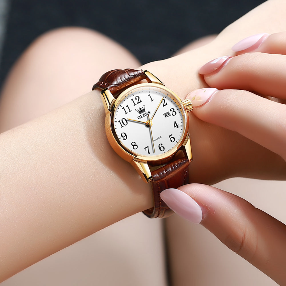 Brown Strap-White Dial Gold Trim