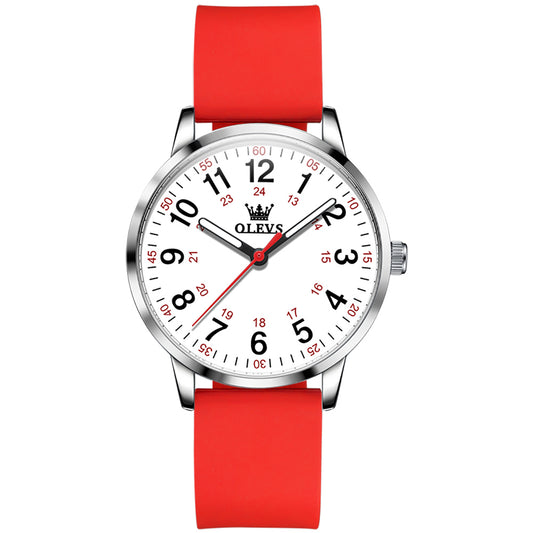 Red Strap-White Dial Silver Trim