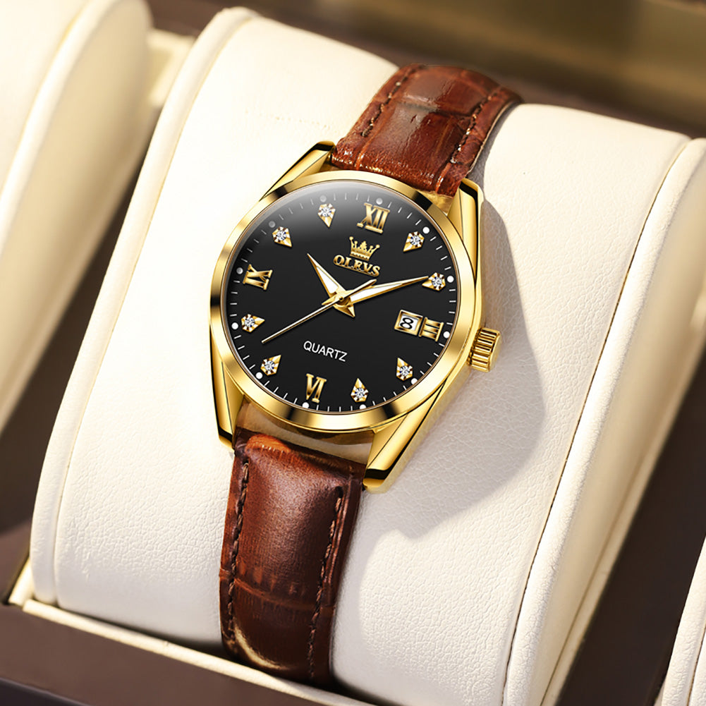 Brown Strap-Black Dial Gold Trim