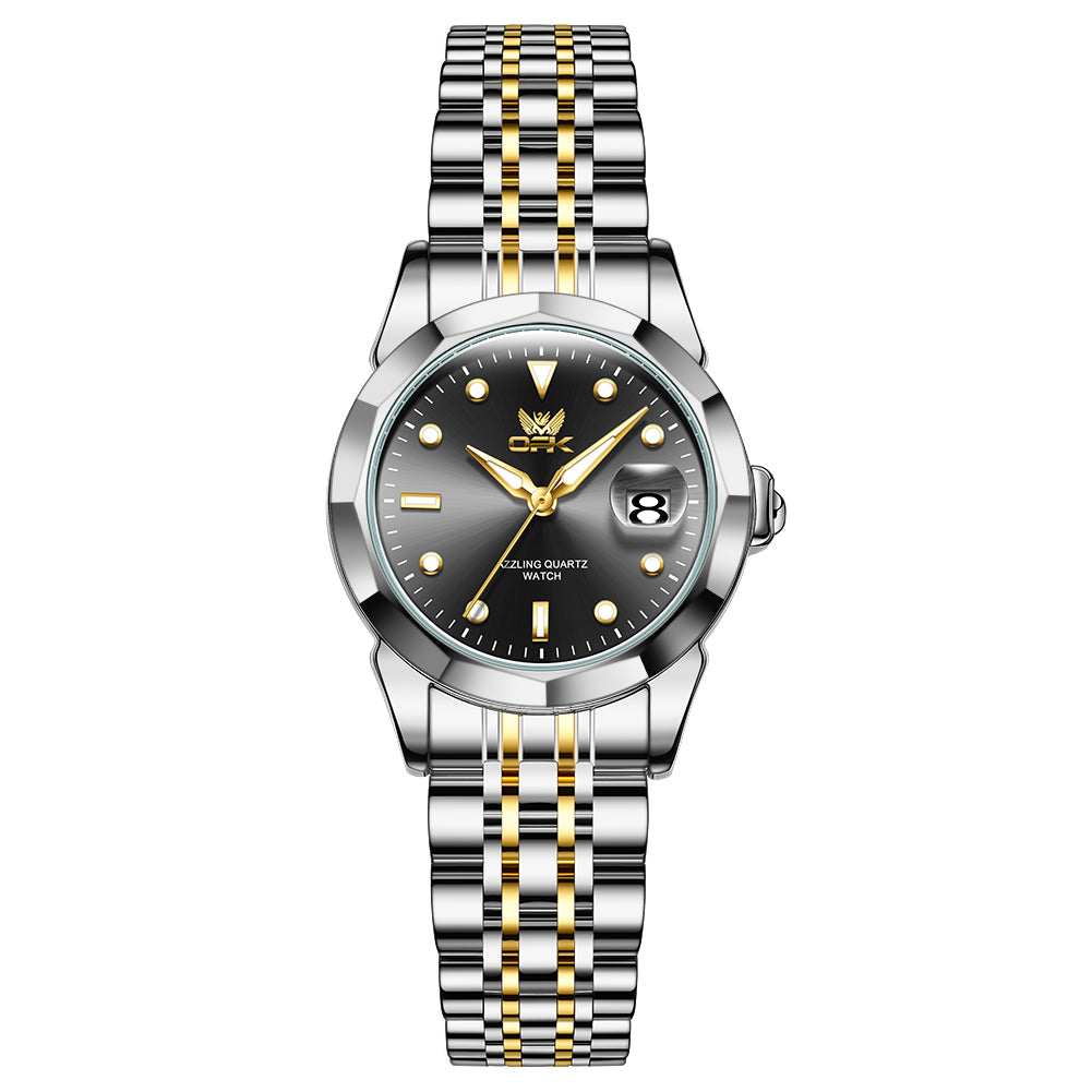 Two Tone Strap-Black Dial Silver Trim