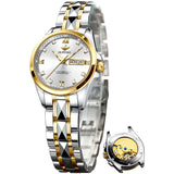 OLEVS 3262 Automatic Womens Watch Blue Two Tone Date Watches Mechanical Calendar Watches Diamond Fashion Waterproof Female Wrist Watch
