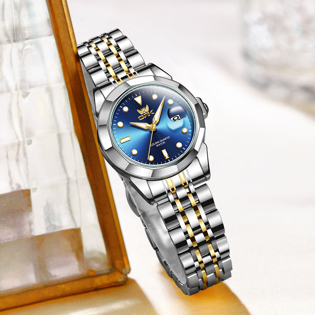 Two Tone Strap-Blue Dial Silver Trim