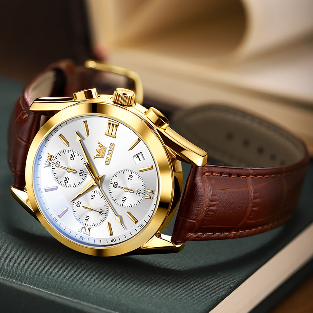 Brown Strap-White Dial Gold Trim