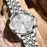 OLEVS 3673 Watches For Men Business Dress Luxury Casual Chronograph Multifunction Analog Quartz Stainless Steel Waterproof Luminous Moon Phase Date Men Wrist Watches Reloj Para Hombre