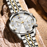 OLEVS 3673 Watches For Men Business Dress Luxury Casual Chronograph Multifunction Analog Quartz Stainless Steel Waterproof Luminous Moon Phase Date Men Wrist Watches Reloj Para Hombre