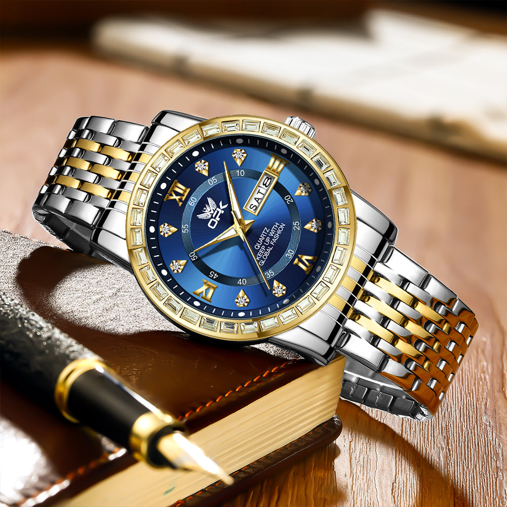 Two Tone Strap-Blue Dial Gold Trim