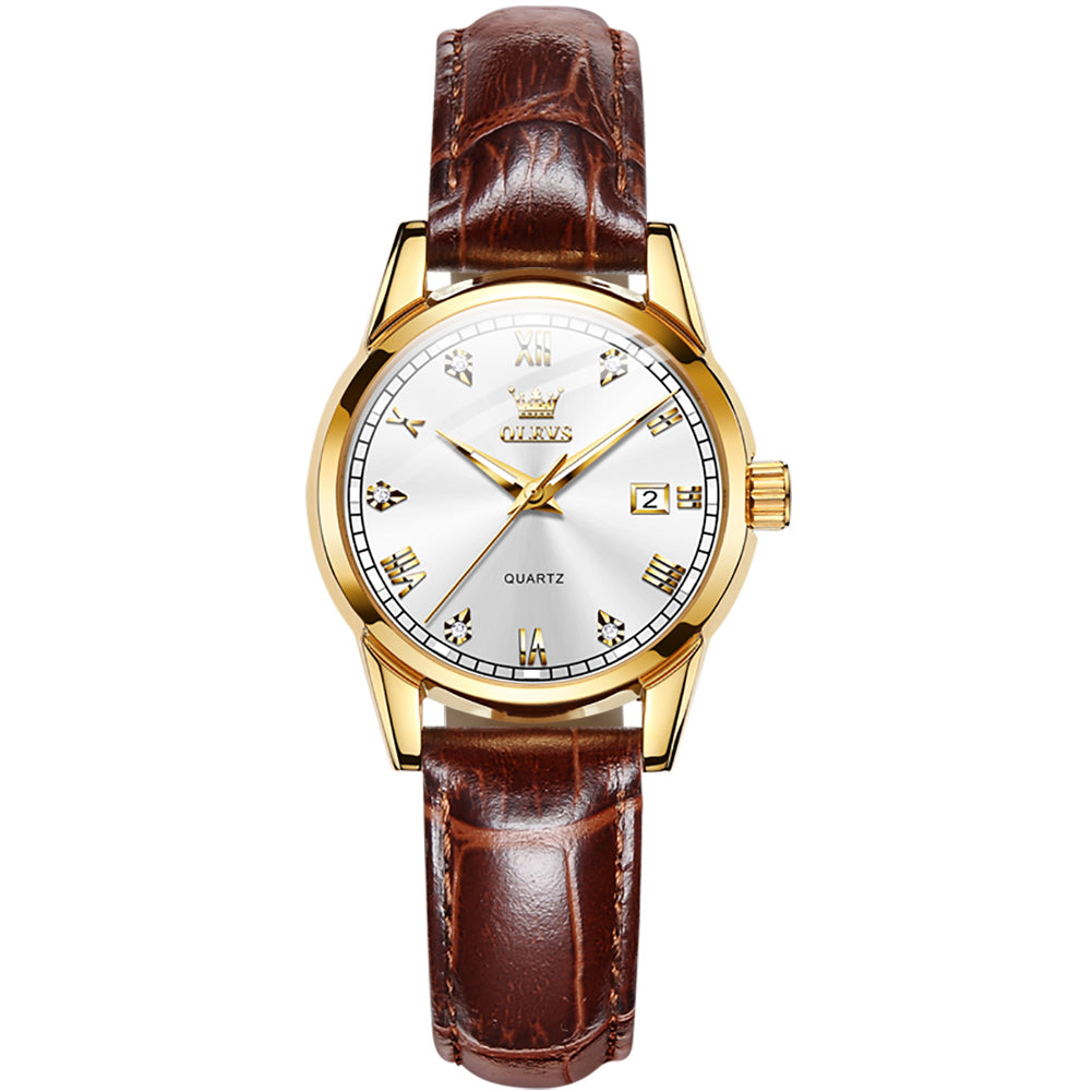 Brown Strap-White Dial Gold Trim